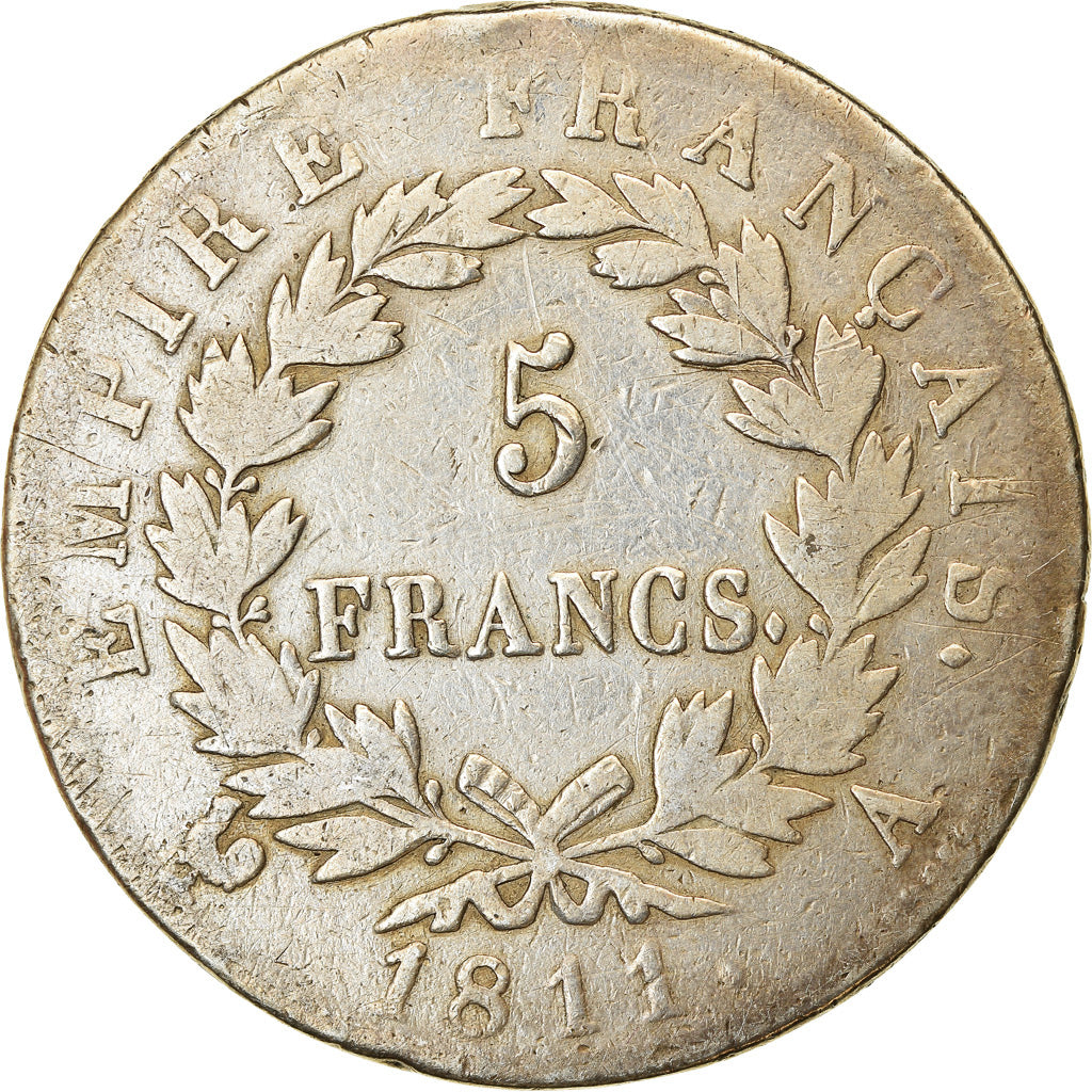 Moneda, Francia, Napoléon I, 5 Francs, 1811, Paris, BC+, Plata, KM:694.1