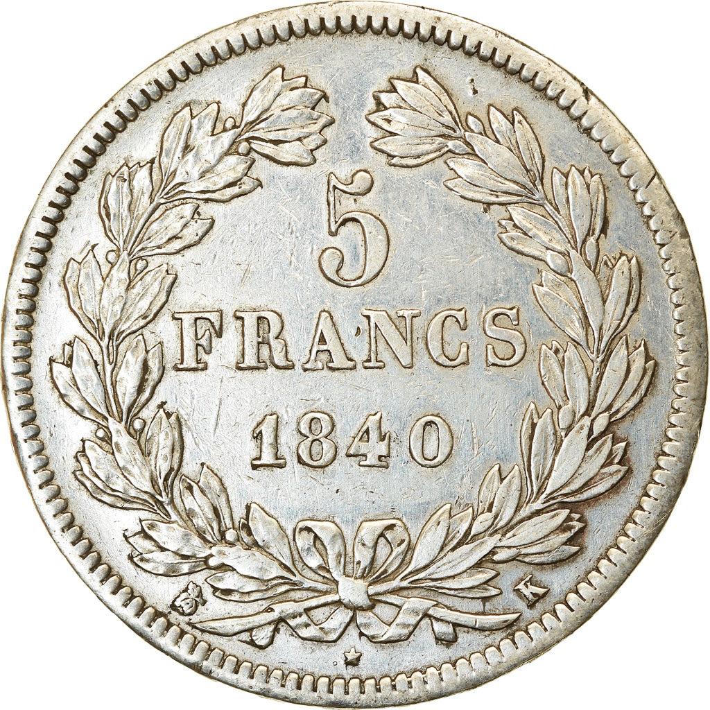 Moeda, França, Louis-Philippe, 5 Francs, 1840, Bordeaux, VF(30-35), Prata