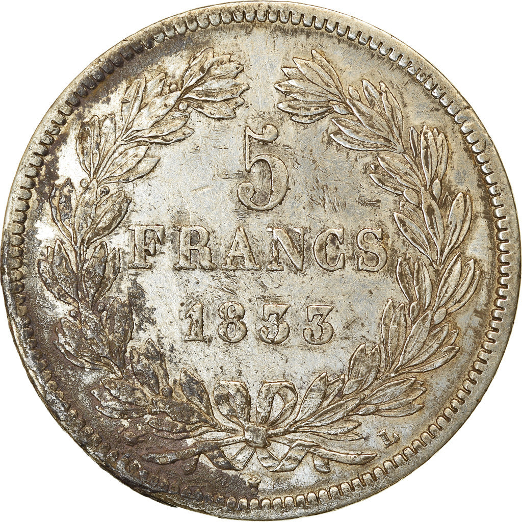 Moneta, Francia, Louis-Philippe, 5 Francs, 1833, Bayonne, MB+, Argento