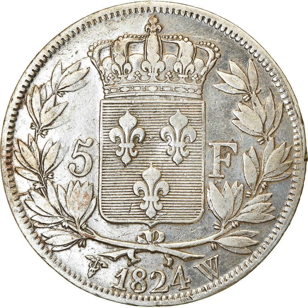 Moeda, França, Louis XVIII, 5 Francs, 1824, Lille, VF(30-35), Prata, KM:711.13