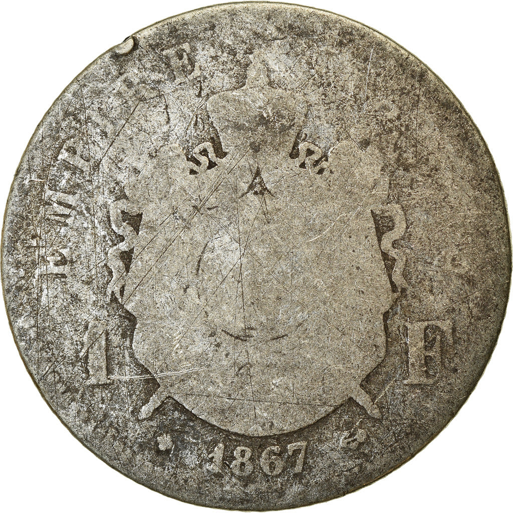 Moeda, França, Napoleon III, Napoléon III, Franc, 1867, Strasbourg, F(12-15)