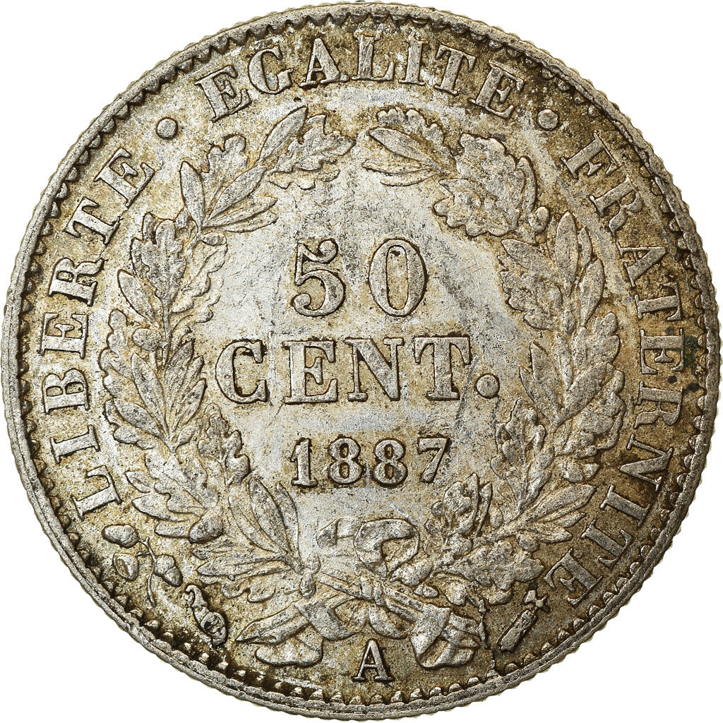 Moneta, Francja, Cérès, 50 Centimes, 1887, Paris, AU(50-53), Srebro, KM:834.1