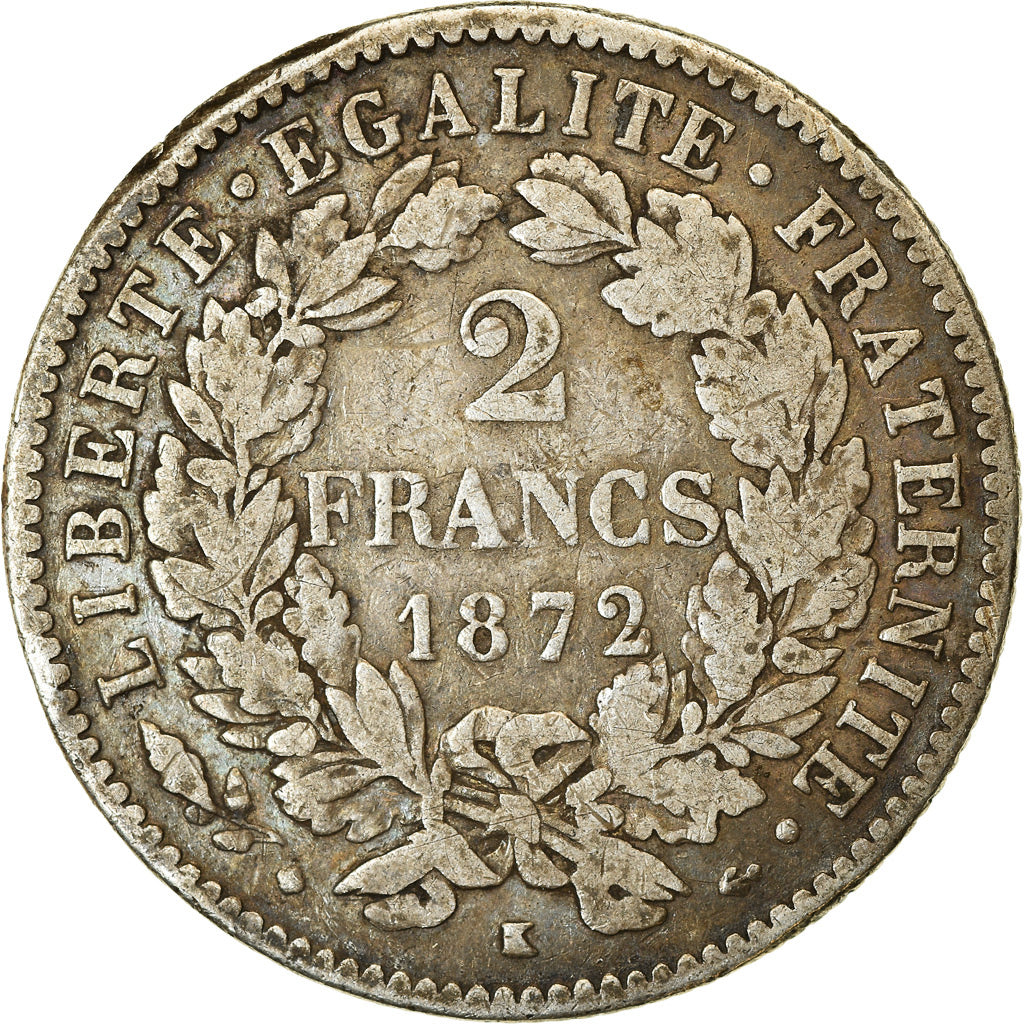 Coin, France, Cérès, 2 Francs, 1872, Bordeaux, VF(30-35), Silver, KM:817.2