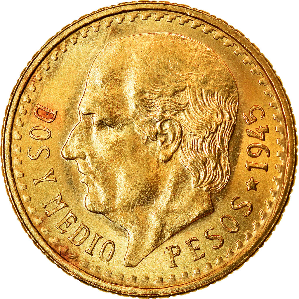 Coin, Mexico, 2-1/2 Pesos, 1945, Mexico City, AU(55-58), Gold, KM:463