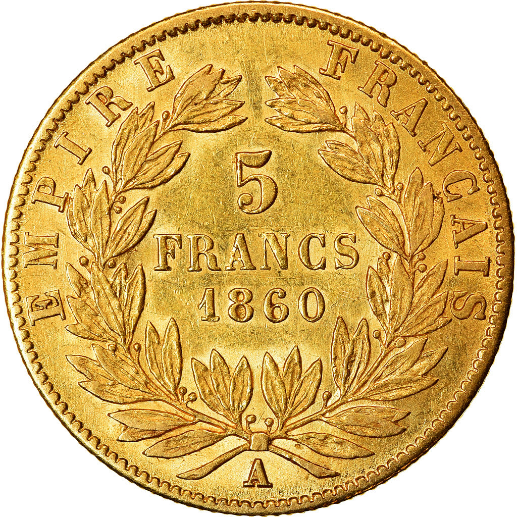 Moneda, Francia, Napoleon III, Napoléon III, 5 Francs, 1860, Paris, MBC, Oro