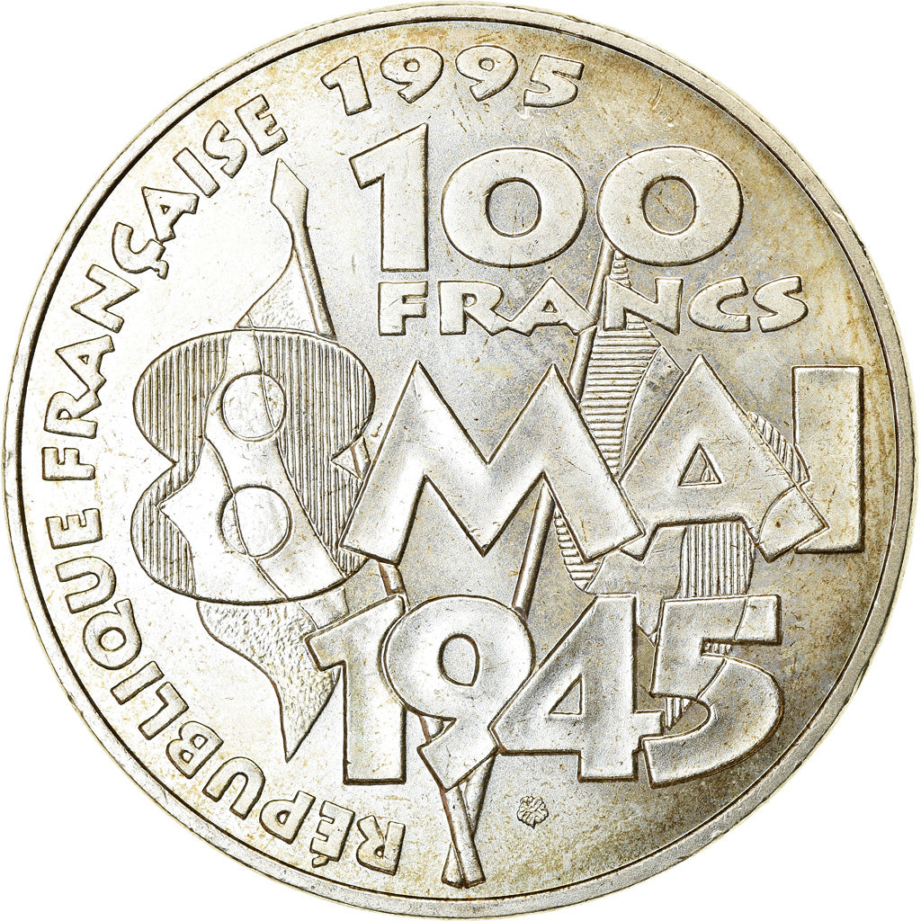 Moeda, França, 8 mai 1945, 100 Francs, 1995, Paris, AU(55-58), Prata, KM:1116.1
