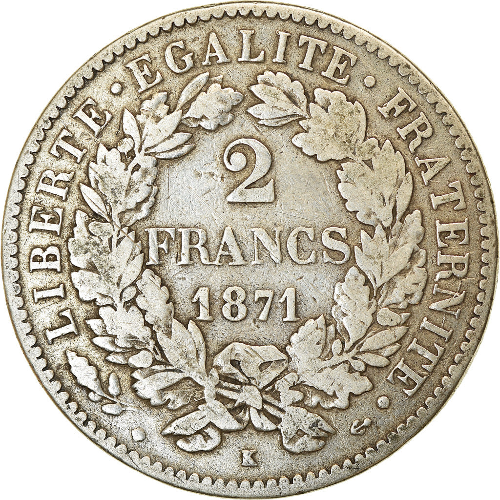 Coin, France, Cérès, 2 Francs, 1871, Bordeaux, VF(30-35), Silver, KM:817.2
