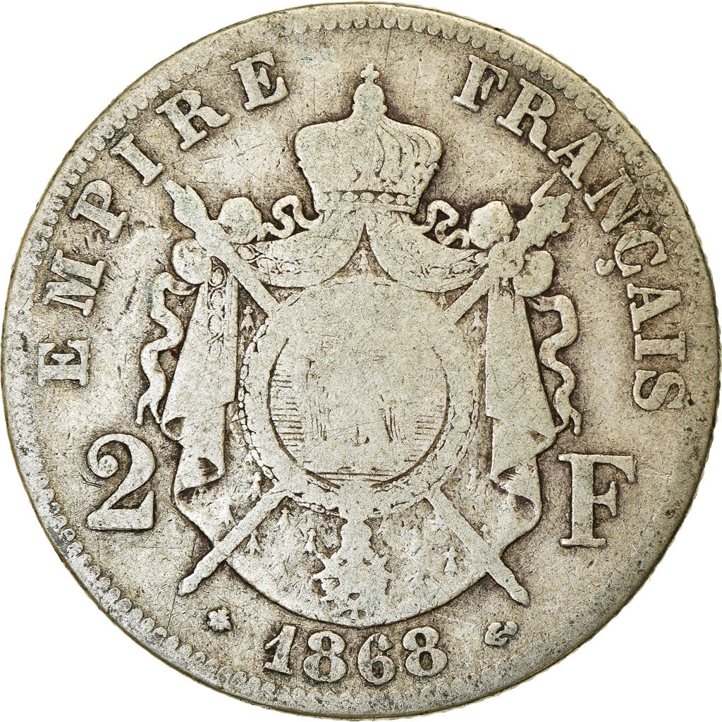 Moneta, Francja, Napoleon III, Napoléon III, 2 Francs, 1868, Paris, VF(20-25)