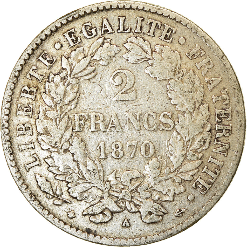 Moneta, Francia, Cérès, 2 Francs, 1870, Paris, MB, Argento, KM:817.1