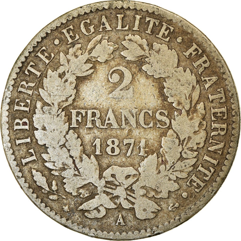 Coin, France, Cérès, 2 Francs, 1871, Paris, VF(20-25), Silver, KM:817.1