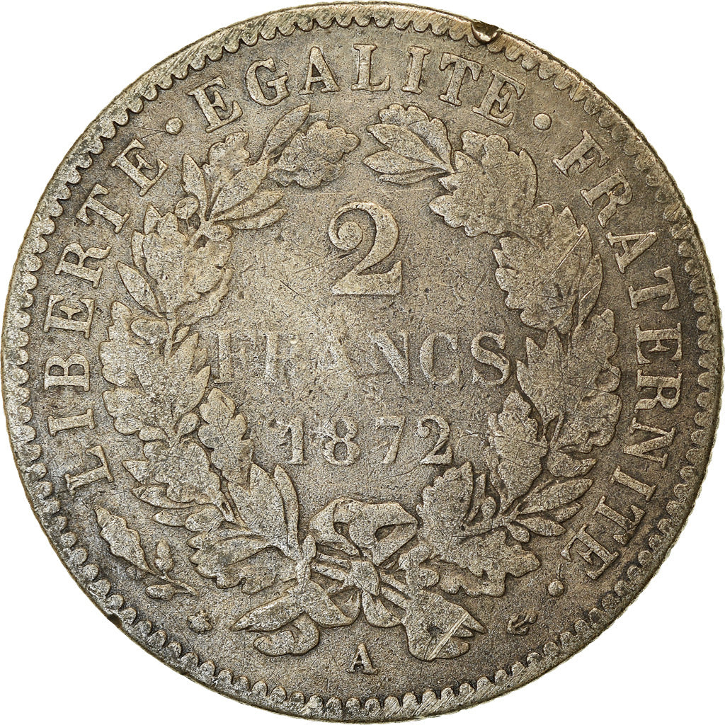 Moneta, Francia, Cérès, 2 Francs, 1872, Paris, MB, Argento, KM:817.1