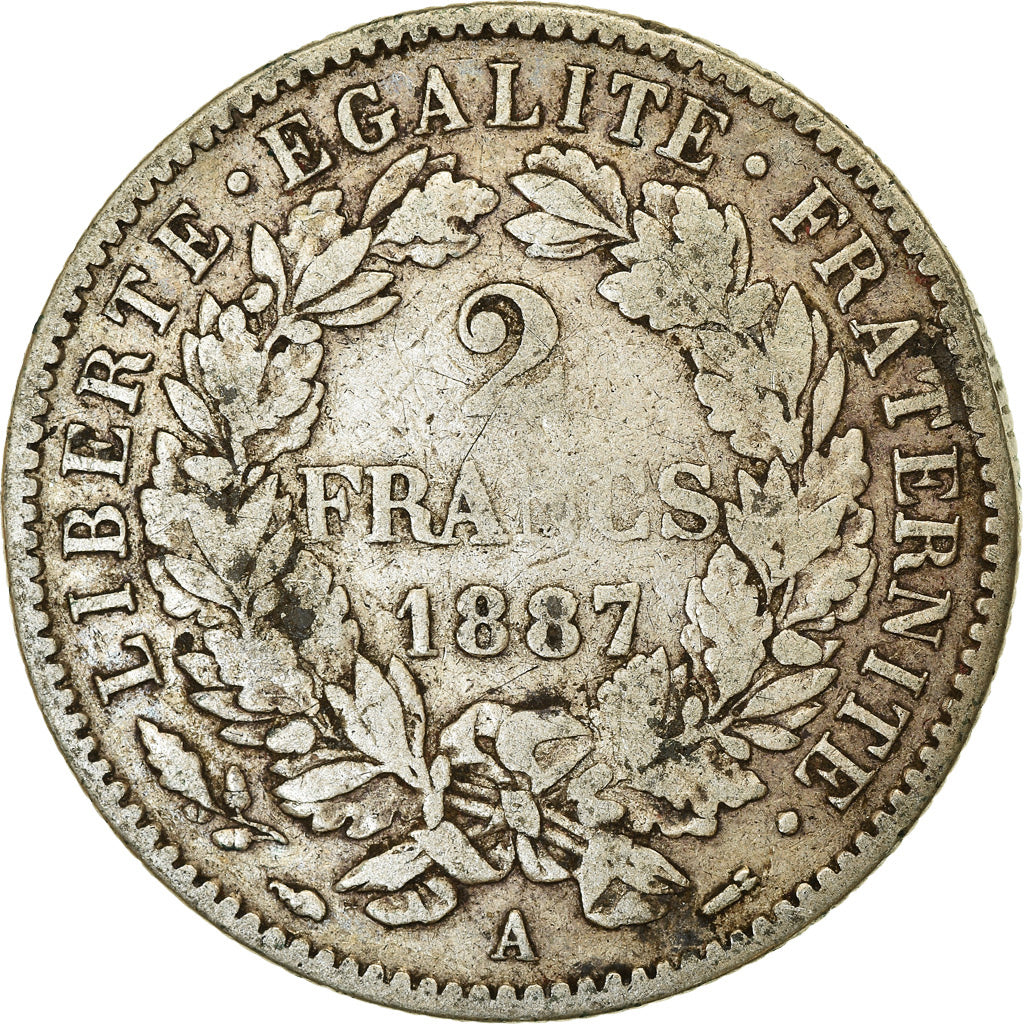 Moneta, Francia, Cérès, 2 Francs, 1887, Paris, MB, Argento, KM:817.1