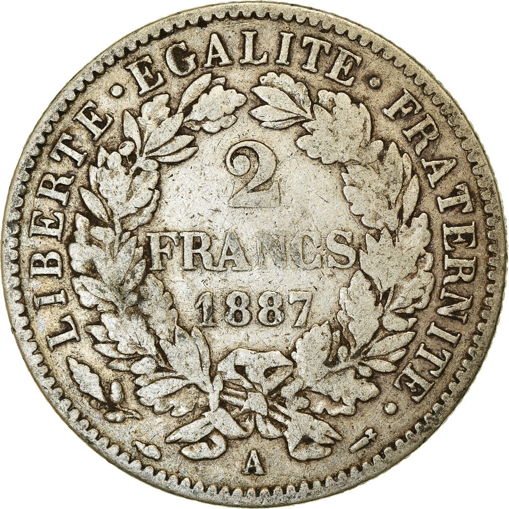 Moeda, França, Cérès, 2 Francs, 1887, Paris, VF(30-35), Prata, KM:817.1