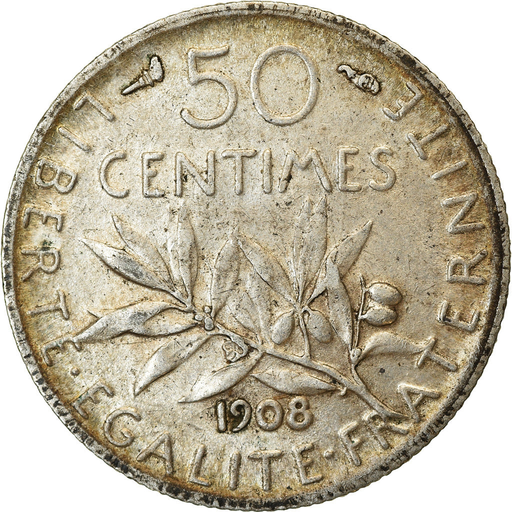 Coin, France, Semeuse, 50 Centimes, 1908, Paris, EF(40-45), Silver, KM:854