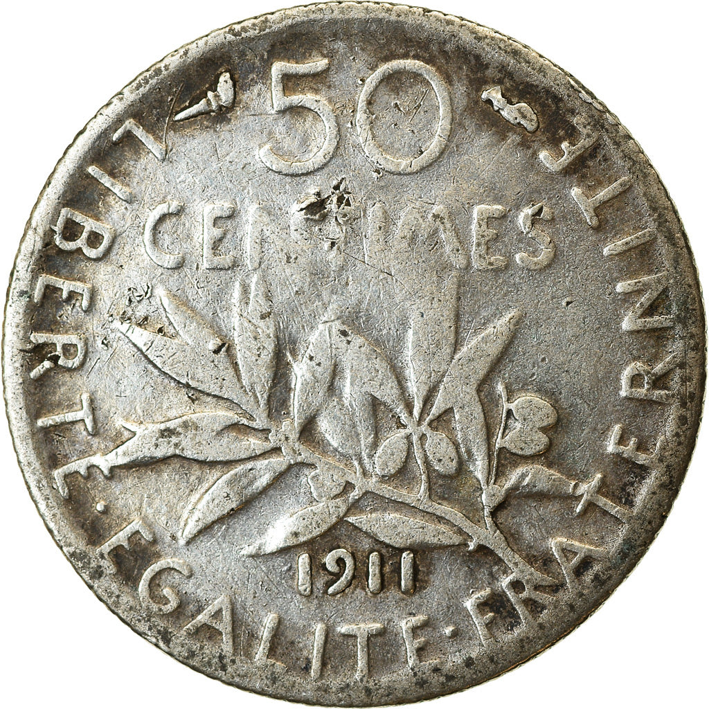 Coin, France, Semeuse, 50 Centimes, 1911, Paris, VF(20-25), Silver, KM:854