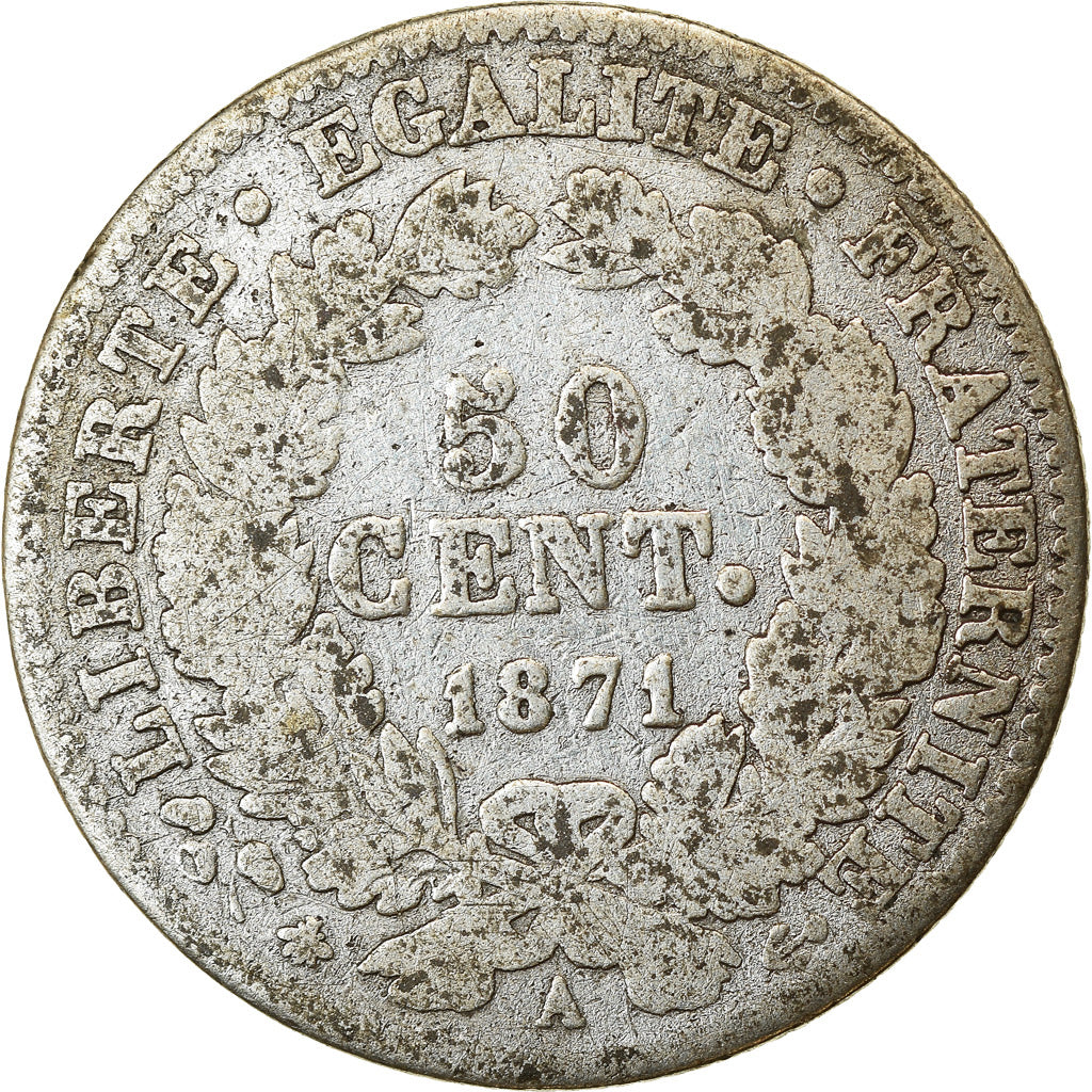 Moneta, Francja, Cérès, 50 Centimes, 1871, Paris, VF(20-25), Srebro, KM:834.1