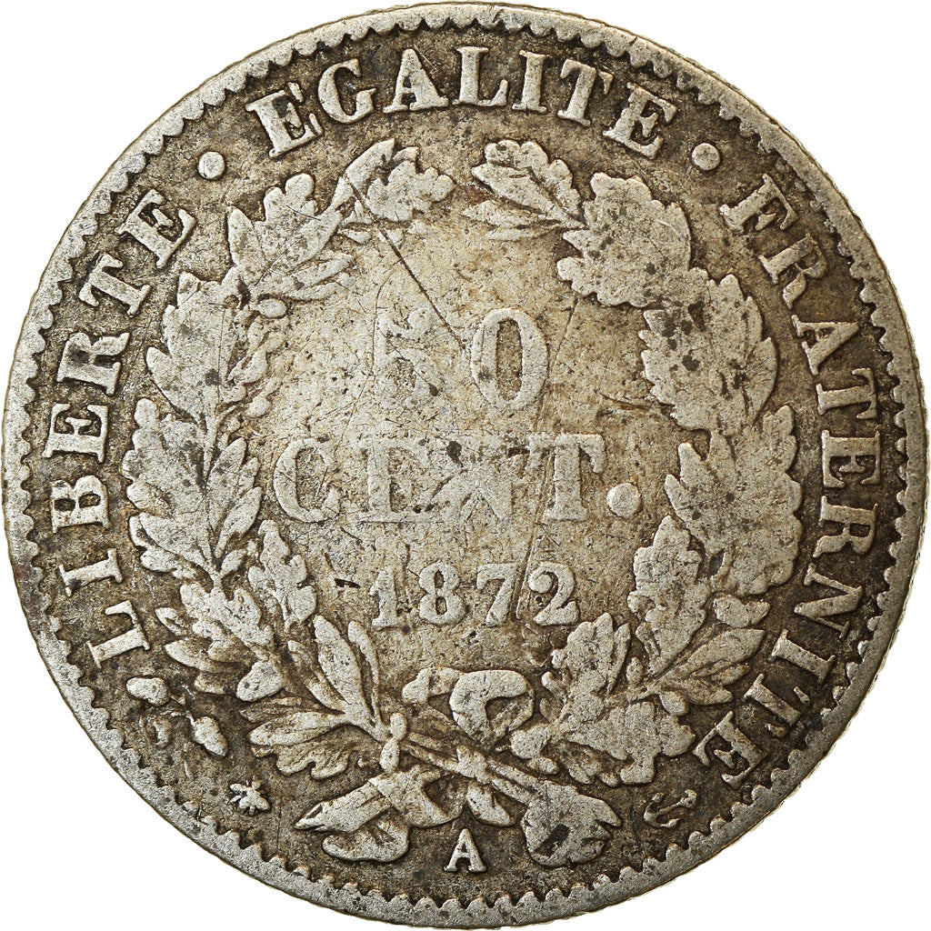 Coin, France, Cérès, 50 Centimes, 1872, Paris, VF(20-25), Silver, KM:834.1