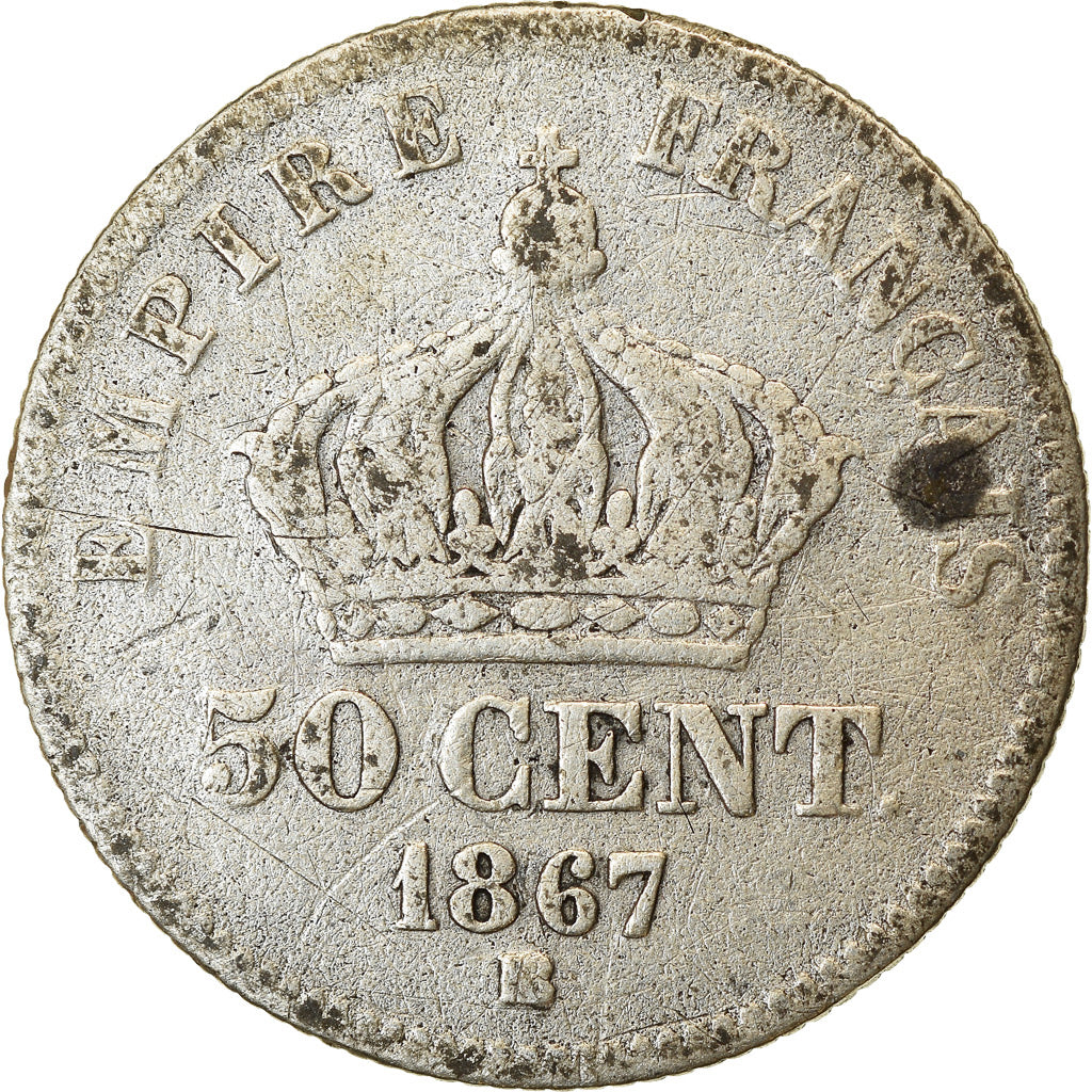 Moneta, Francia, Napoleon III, Napoléon III, 50 Centimes, 1867, Strasbourg, MB