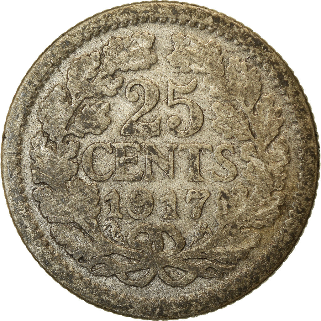 Coin, Netherlands, Wilhelmina I, 25 Cents, 1917, VF(20-25), Silver, KM:146