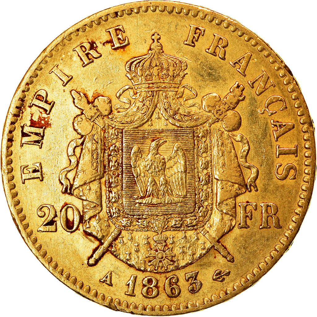 Moneta, Francia, Napoleon III, Napoléon III, 20 Francs, 1863, Paris, BB+, Oro