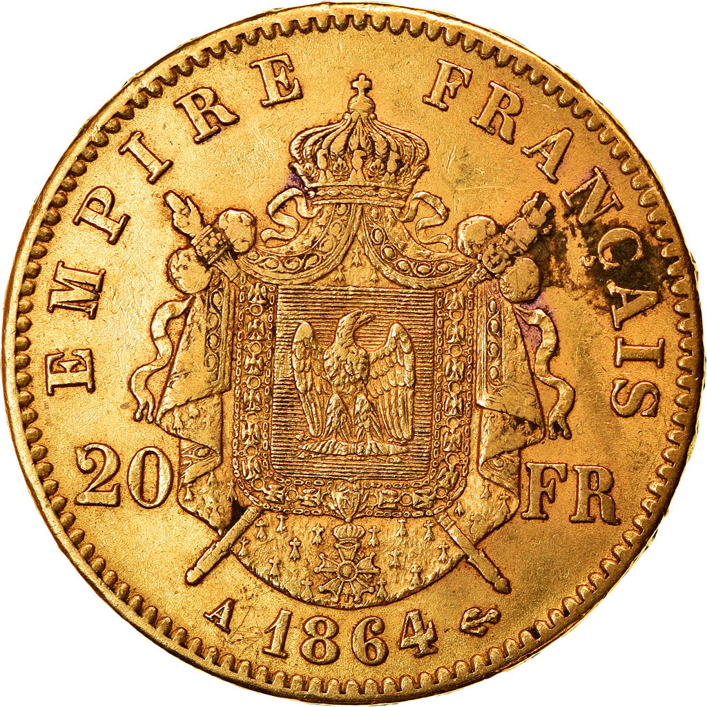 Moeda, França, Napoleon III, 20 Francs, 1864, Paris, AU(50-53), Dourado