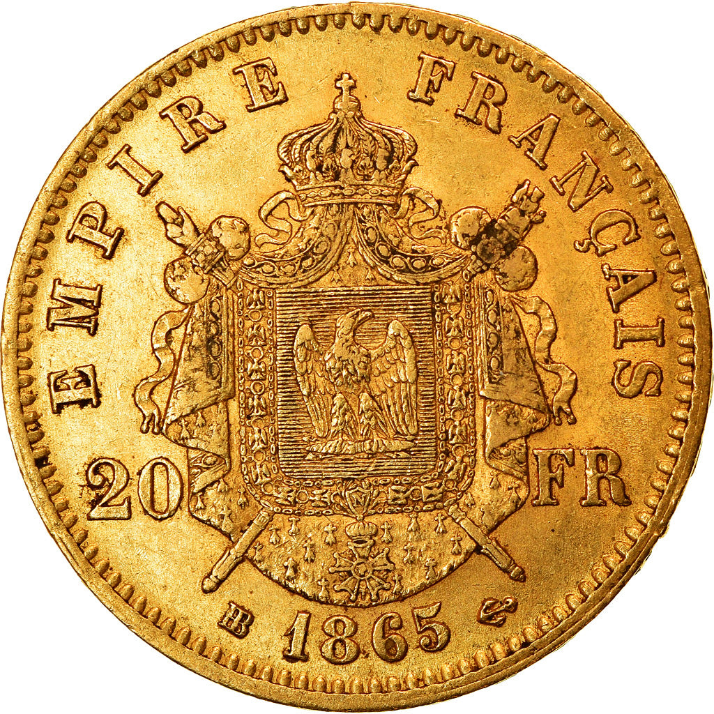 Moeda, França, Napoleon III, 20 Francs, 1865, Strasbourg, AU(50-53), Dourado