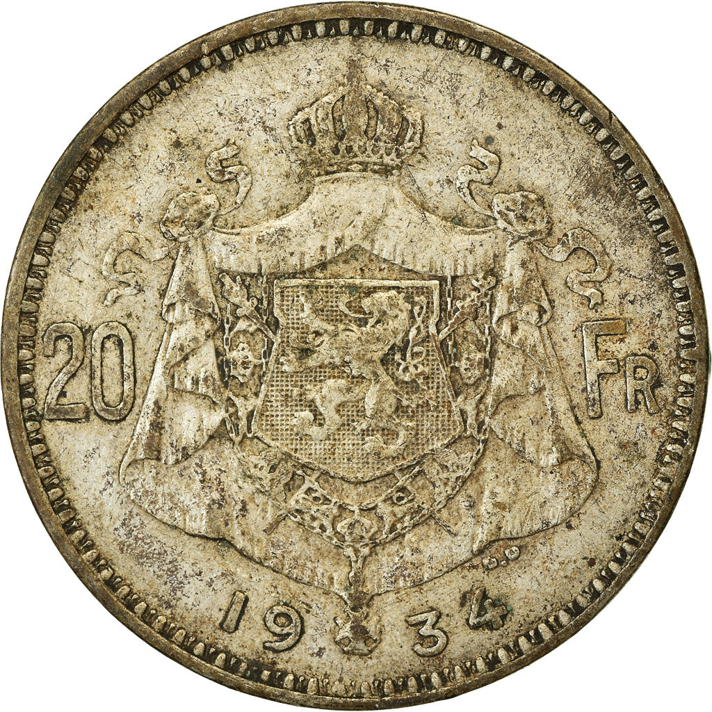 Coin, Belgium, 20 Francs, 20 Frank, 1934, VF(30-35), Silver, KM:104.1