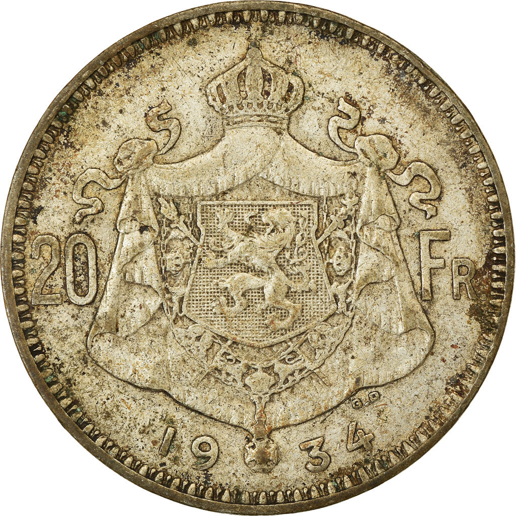 Coin, Belgium, 20 Francs, 20 Frank, 1934, EF(40-45), Silver, KM:104.1