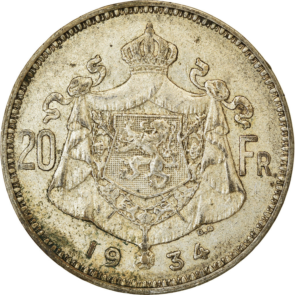 Coin, Belgium, 20 Francs, 20 Frank, 1934, EF(40-45), Silver, KM:104.1