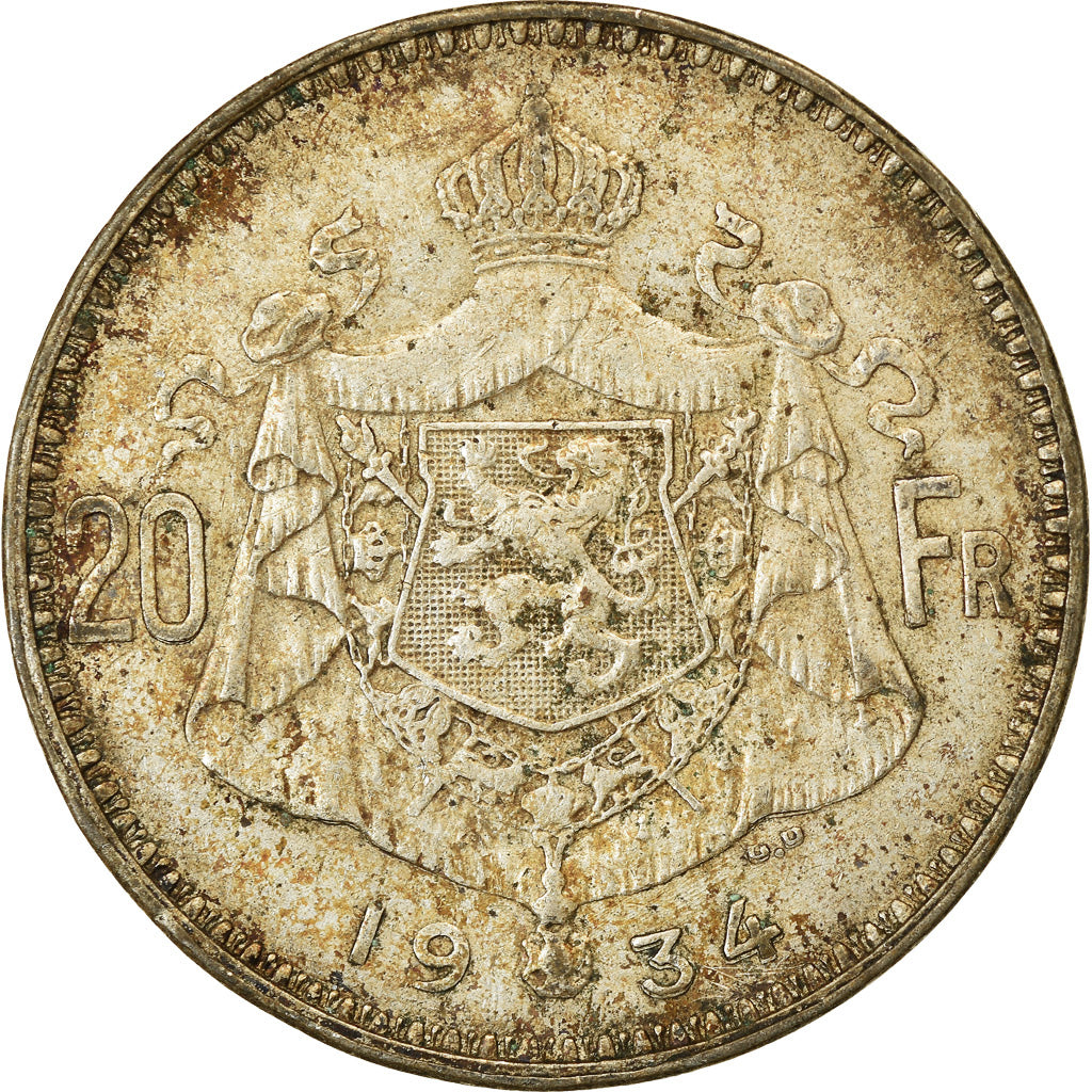 Coin, Belgium, 20 Francs, 20 Frank, 1934, EF(40-45), Silver, KM:103.1