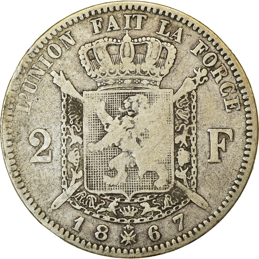 Coin, Belgium, Leopold II, 2 Francs, 2 Frank, 1867, VF(20-25), Silver, KM:30.1