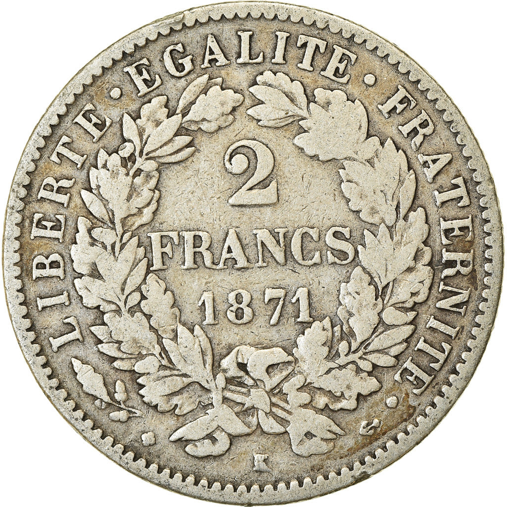 Moneta, Francia, Cérès, 2 Francs, 1871, Bordeaux, MB+, Argento, KM:817.2