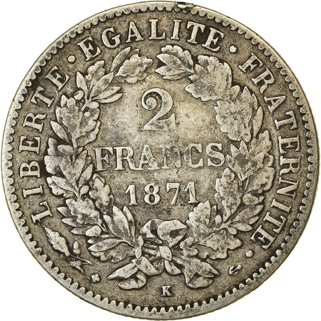 Moeda, França, Cérès, 2 Francs, 1871, Bordeaux, VF(30-35), Prata, KM:817.2