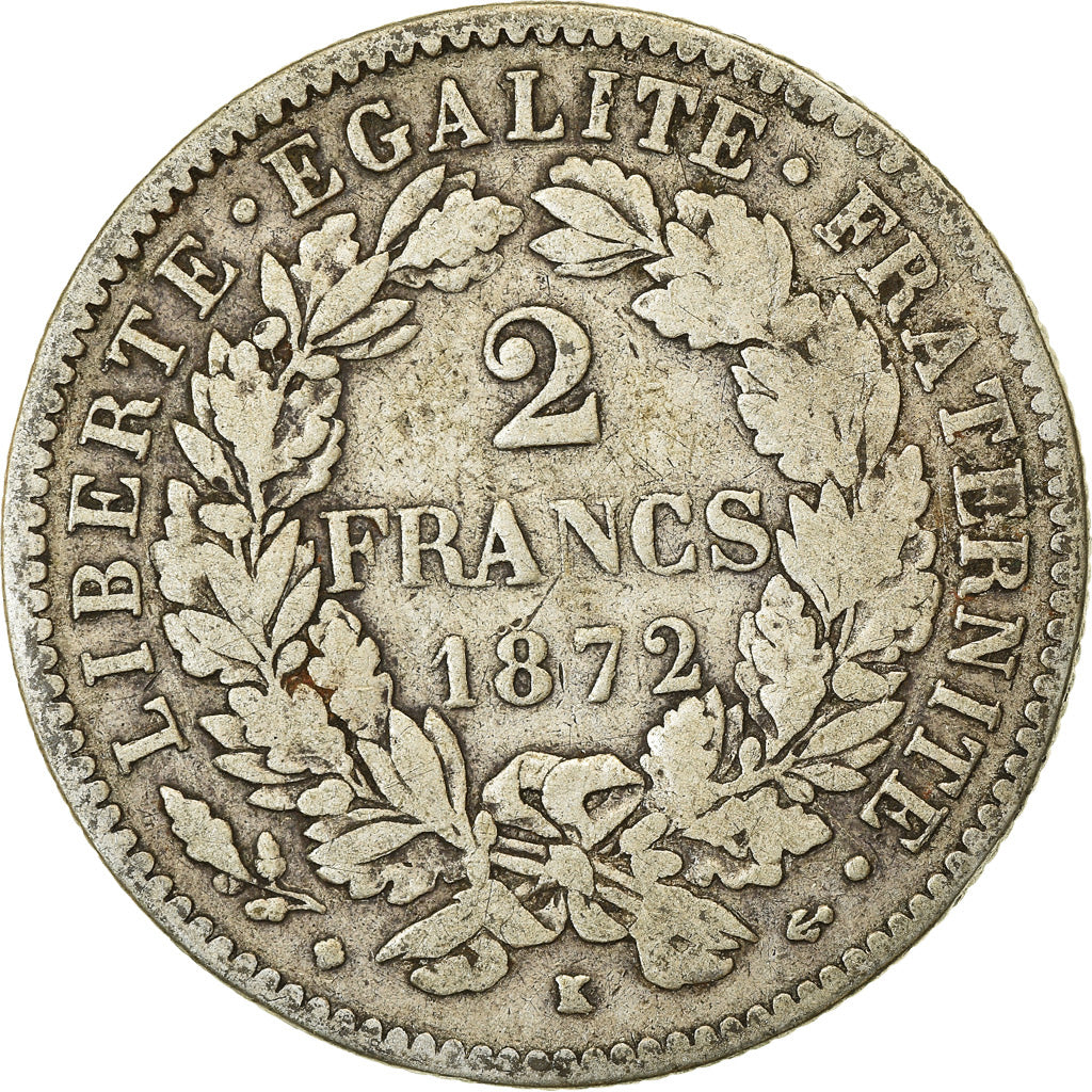 Coin, France, Cérès, 2 Francs, 1872, Bordeaux, VF(30-35), Silver, KM:817.2