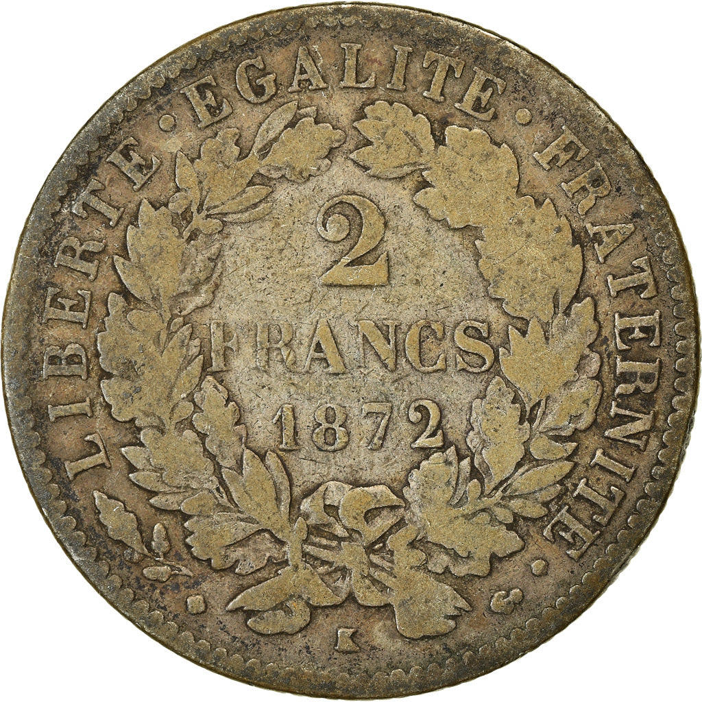 Coin, France, Cérès, 2 Francs, 1872, Bordeaux, VF(20-25), Silver, KM:817.2