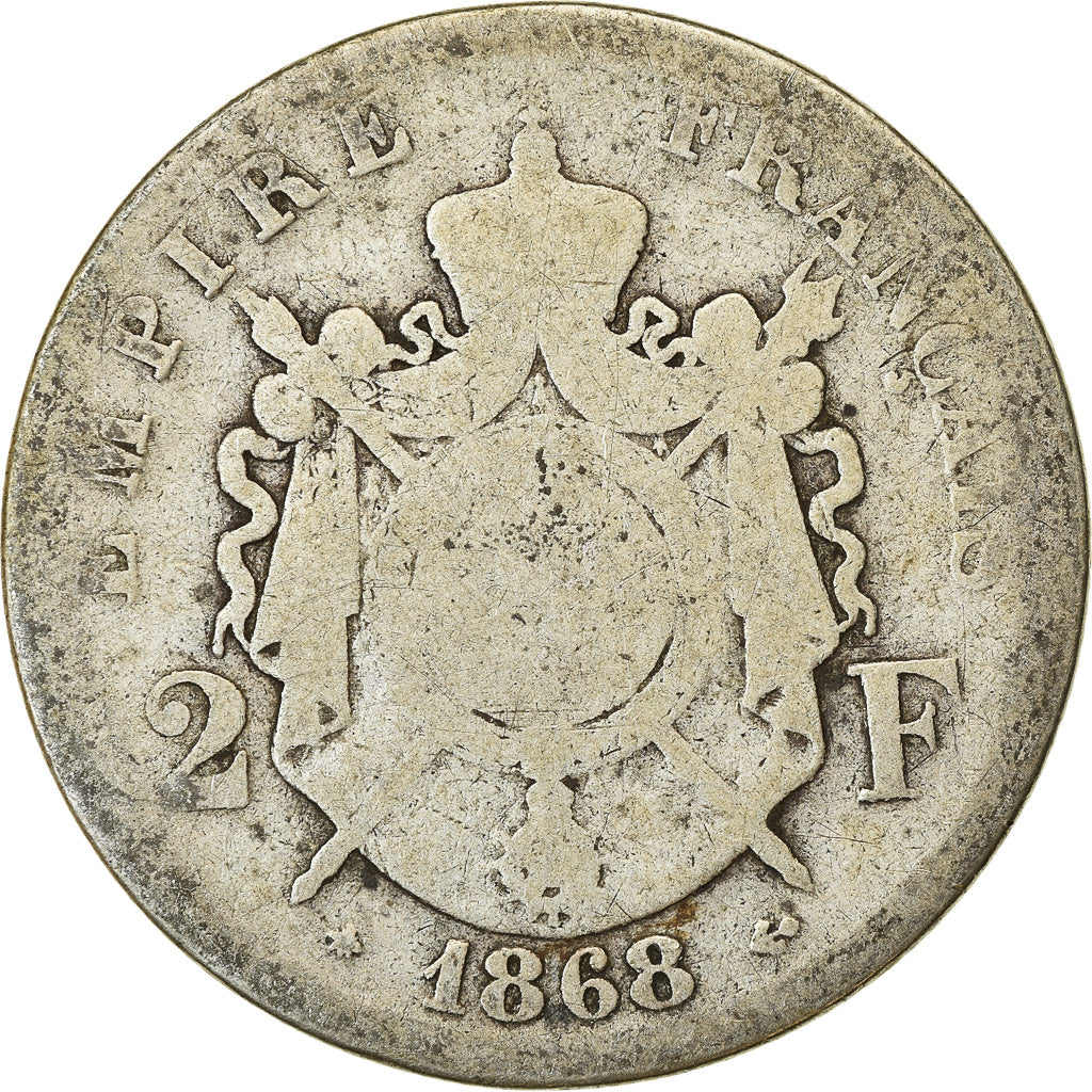 Moneda, Francia, Napoleon III, Napoléon III, 2 Francs, 1868, Paris, BC, Plata