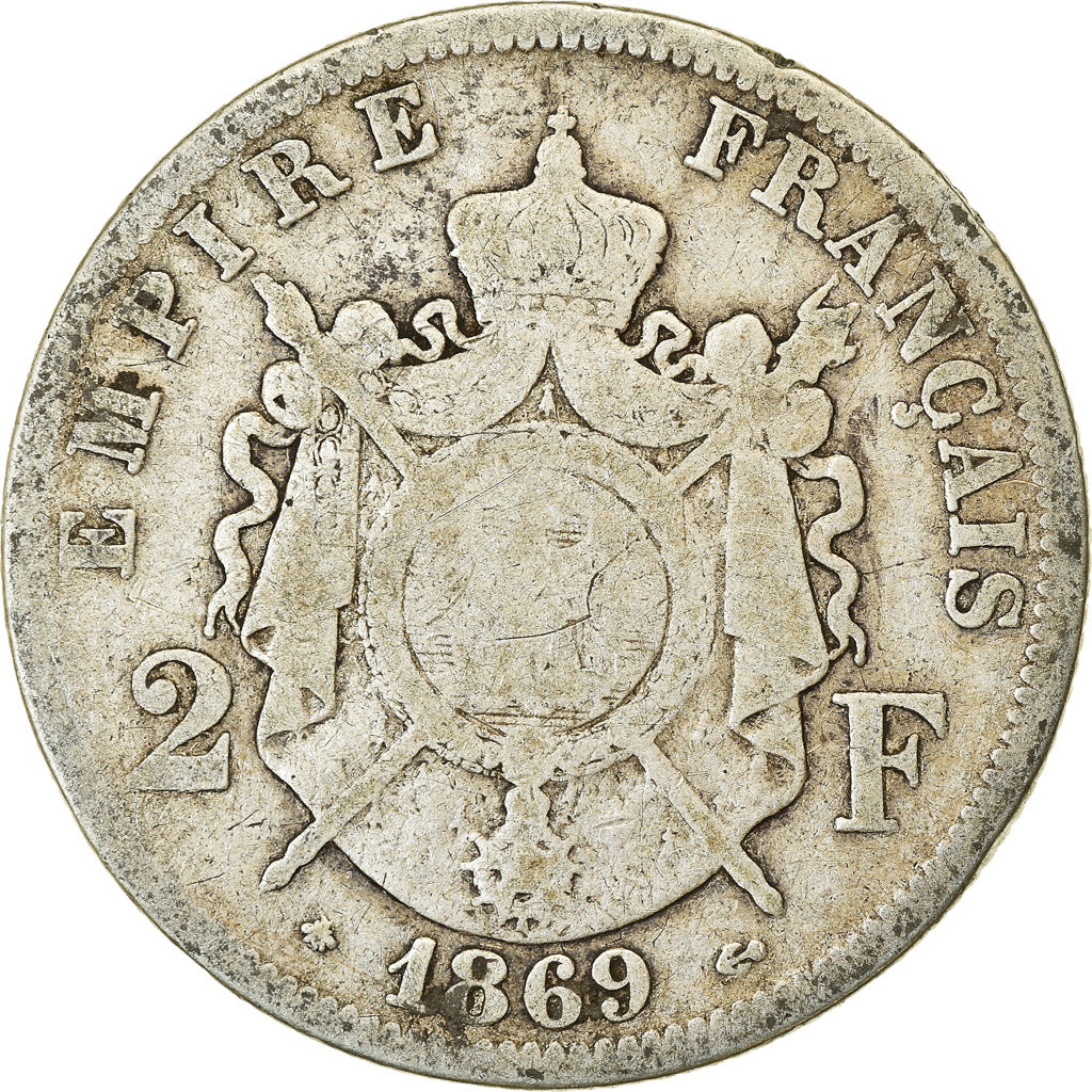 Moneta, Francja, Napoleon III, Napoléon III, 2 Francs, 1869, Paris, VF(20-25)