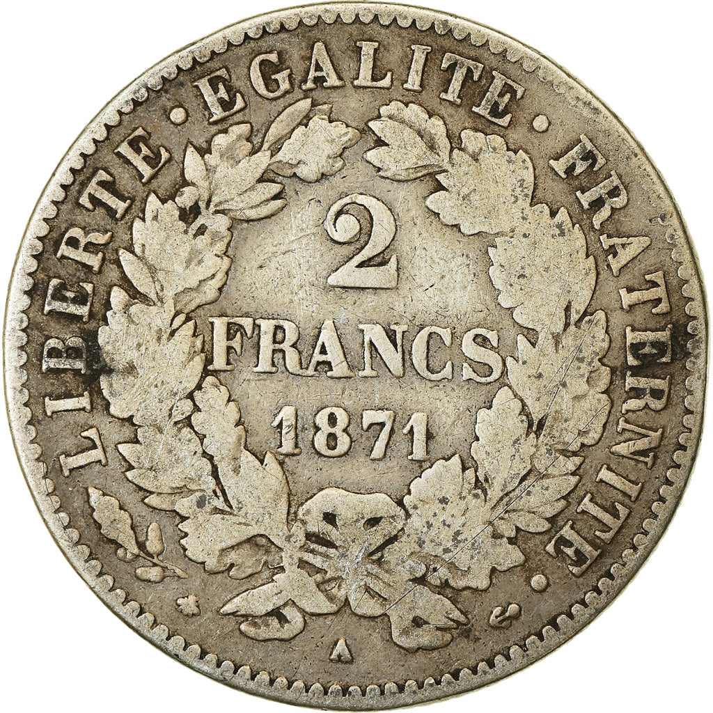Coin, France, Cérès, 2 Francs, 1871, Paris, VF(20-25), Silver, KM:817.1