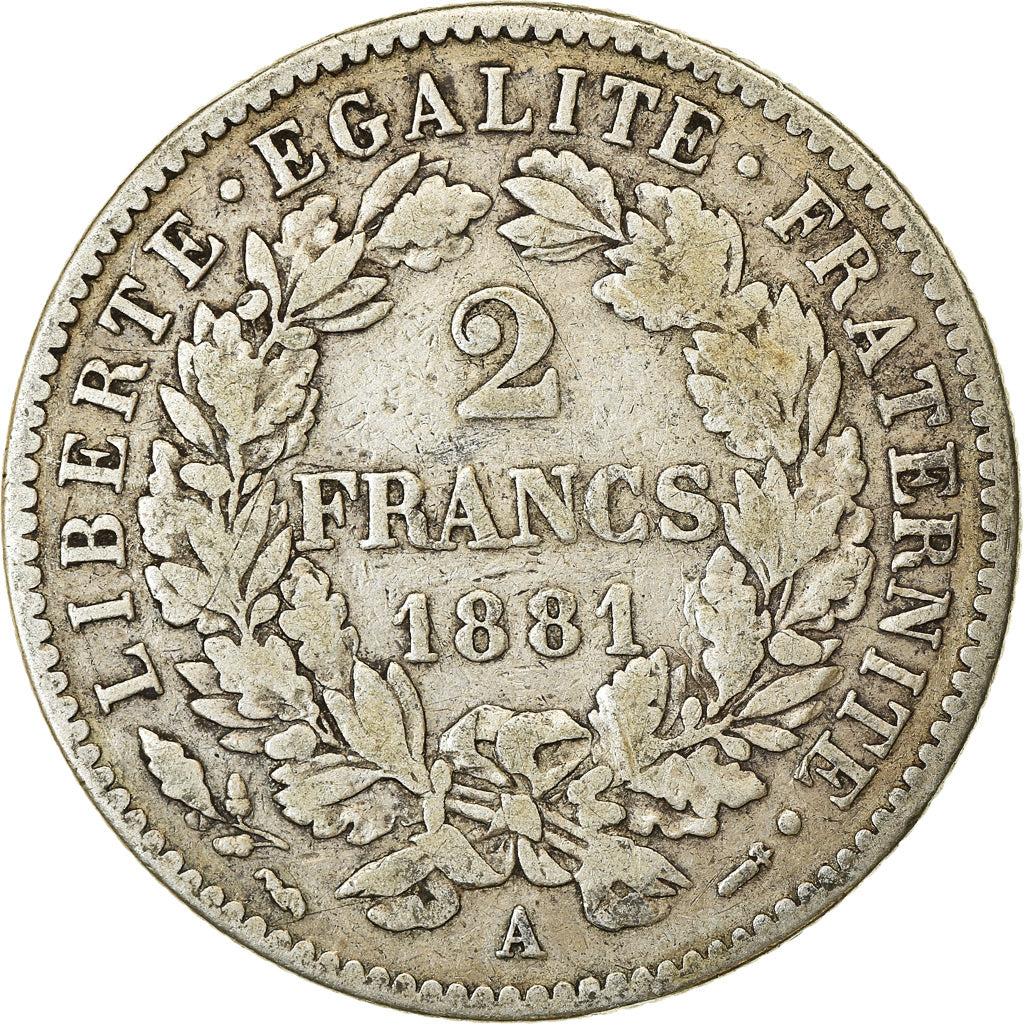 Coin, France, Cérès, 2 Francs, 1881, Paris, VF(20-25), Silver, KM:817.1