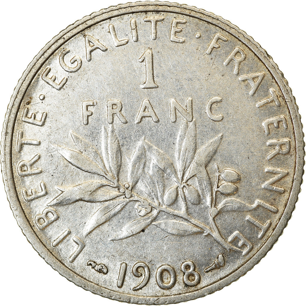 Coin, France, Semeuse, Franc, 1908, Paris, EF(40-45), Silver, KM:844.1