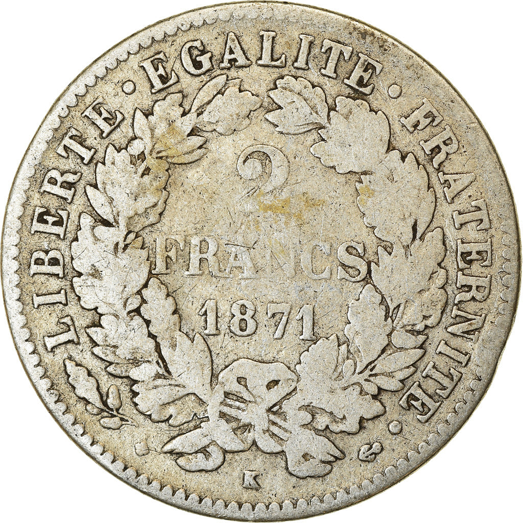 Münze, Frankreich, Cérès, 2 Francs, 1871, Bordeaux, S, Silber, KM:817.2
