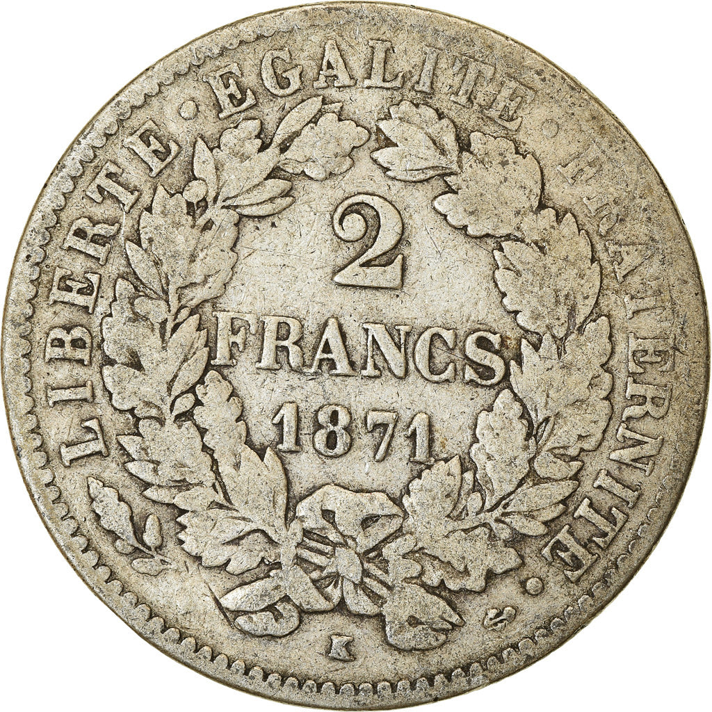 Monnaie, France, Cérès, 2 Francs, 1871, Bordeaux, TB, Argent, Gadoury:530
