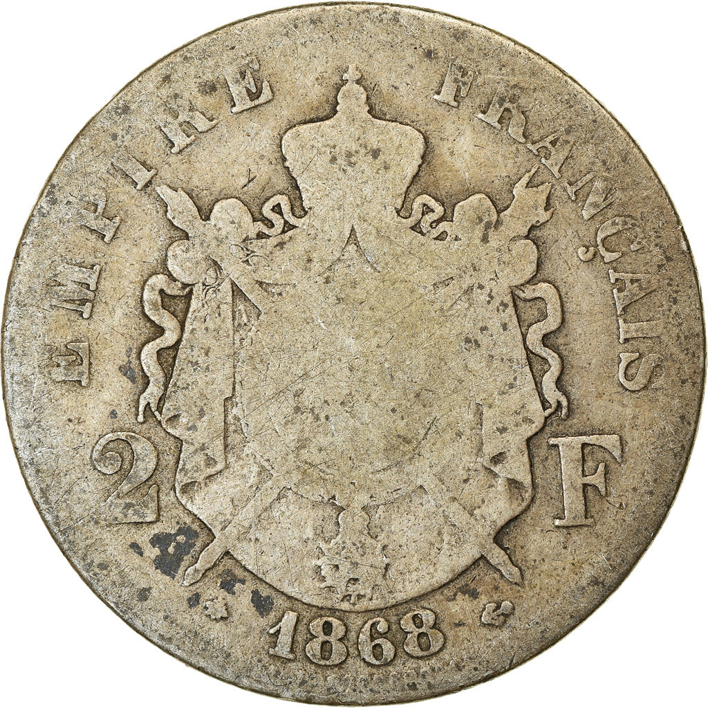 Moneda, Francia, Napoleon III, Napoléon III, 2 Francs, 1868, Paris, BC+, Plata