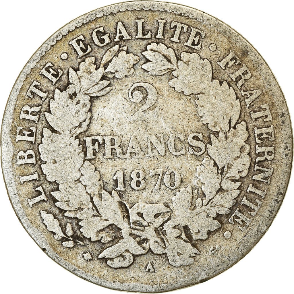 Coin, France, Cérès, 2 Francs, 1870, Paris, VF(20-25), Silver, KM:817.1