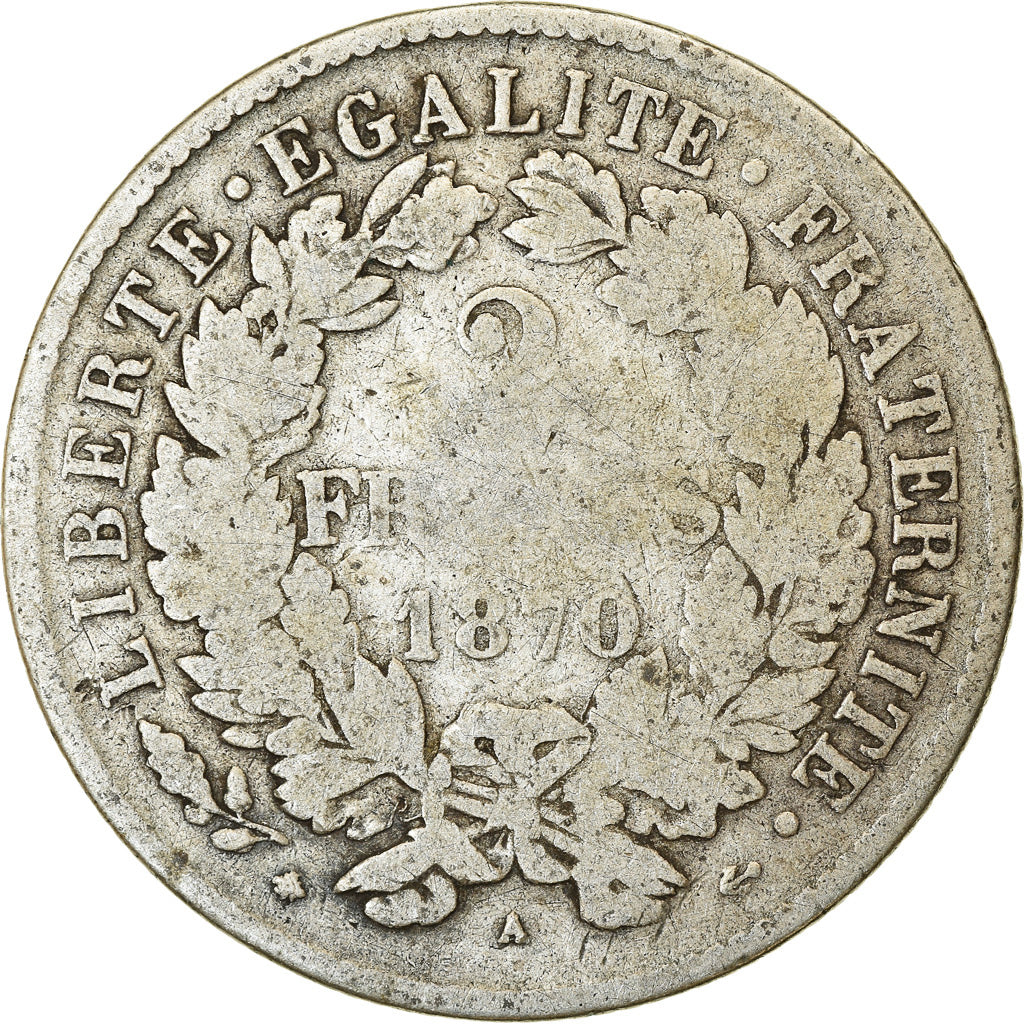 Monnaie, France, Cérès, 2 Francs, 1870, Paris, TB, Argent, Gadoury:530