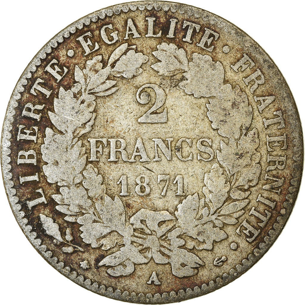 Moeda, França, Cérès, 2 Francs, 1871, Paris, VF(20-25), Prata, KM:817.1