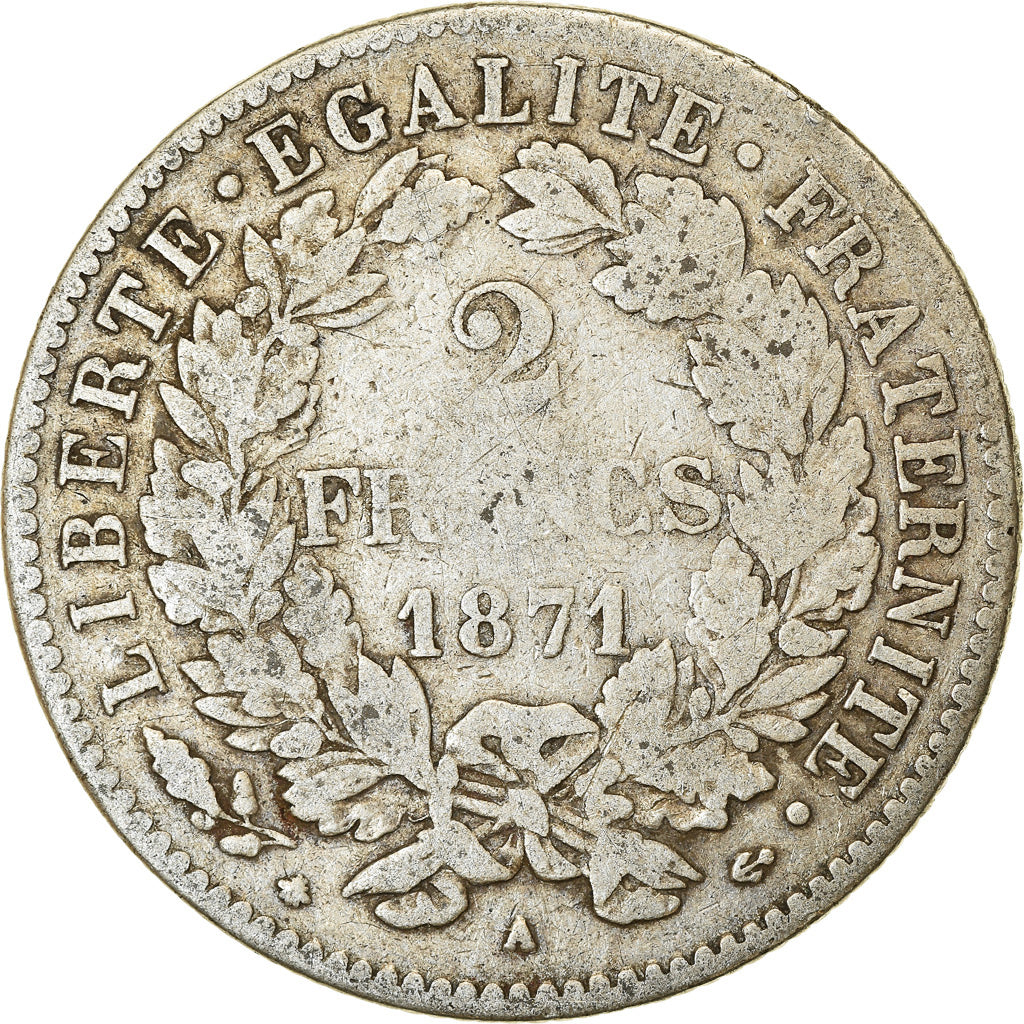 Coin, France, Cérès, 2 Francs, 1871, Paris, VF(30-35), Silver, KM:817.1