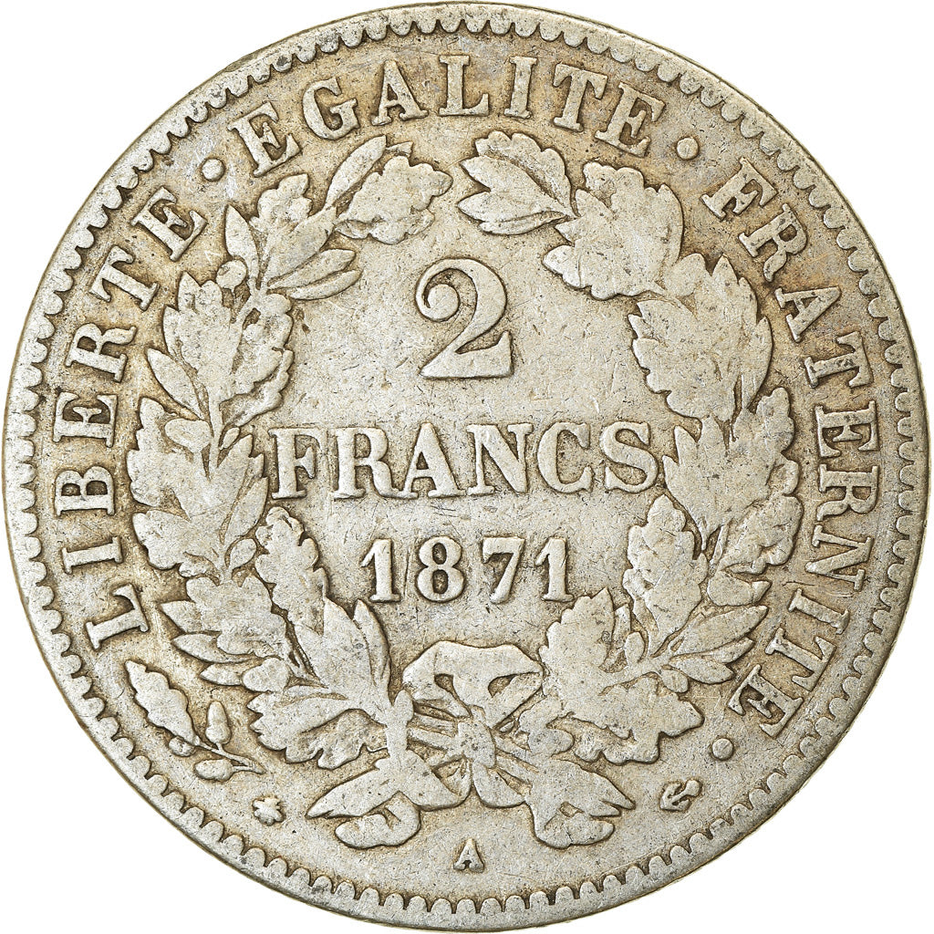 Moneta, Francia, Cérès, 2 Francs, 1871, Paris, MB+, Argento, KM:817.1