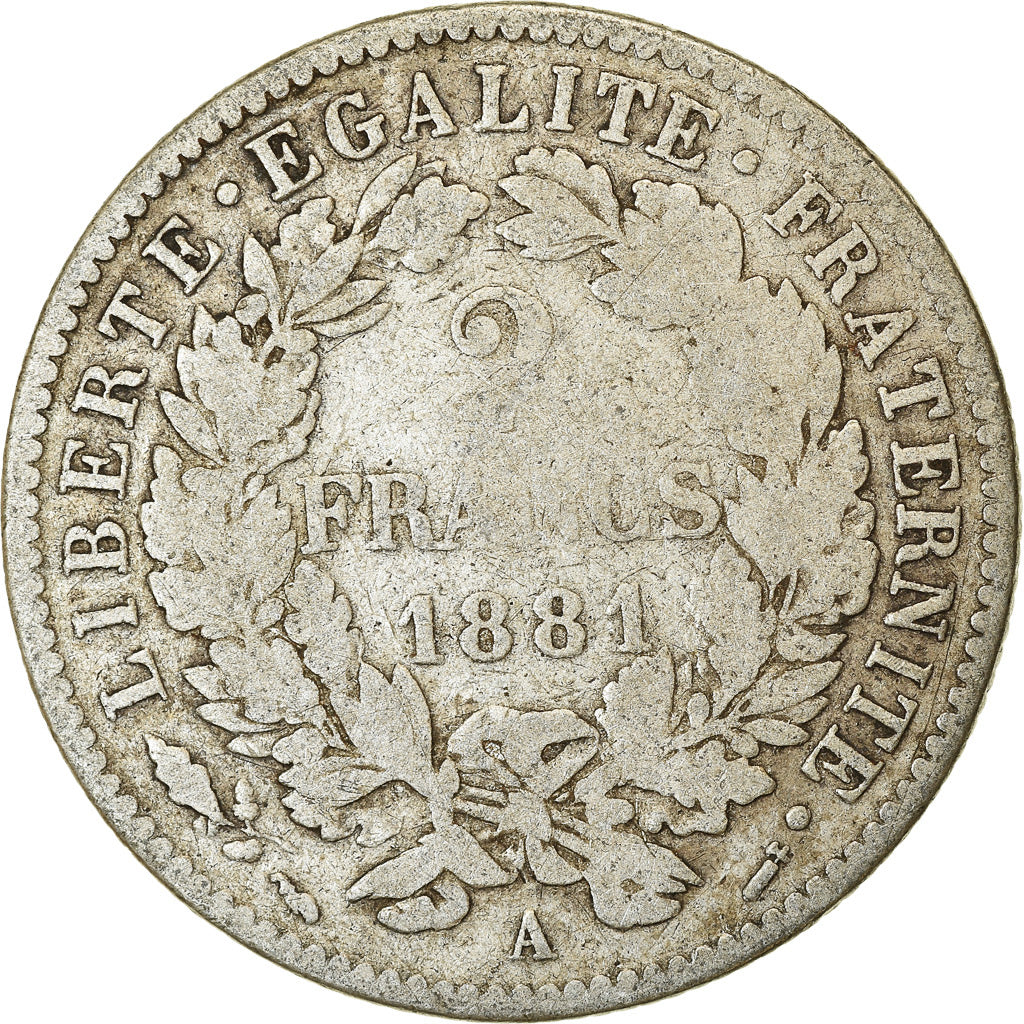 Moneta, Francia, Cérès, 2 Francs, 1881, Paris, MB, Argento, KM:817.1