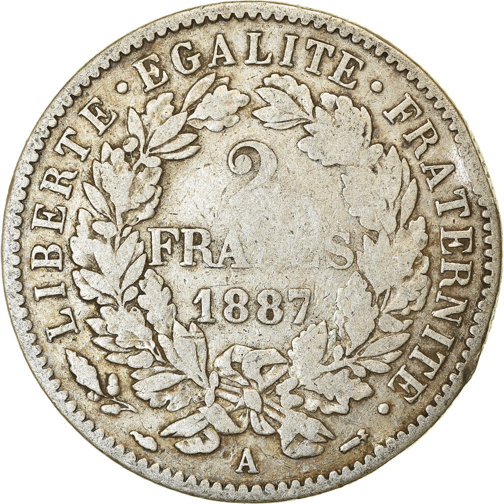 Coin, France, Cérès, 2 Francs, 1887, Paris, VF(20-25), Silver, KM:817.1